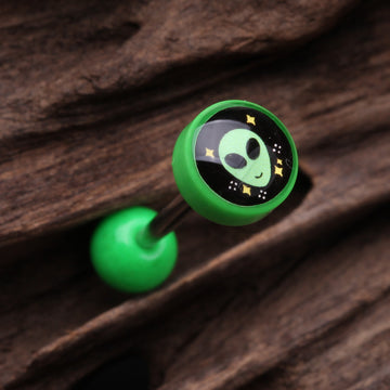 Detail View 1 of Retro Alien Icon Top Acrylic Barbell Tongue Ring-Green